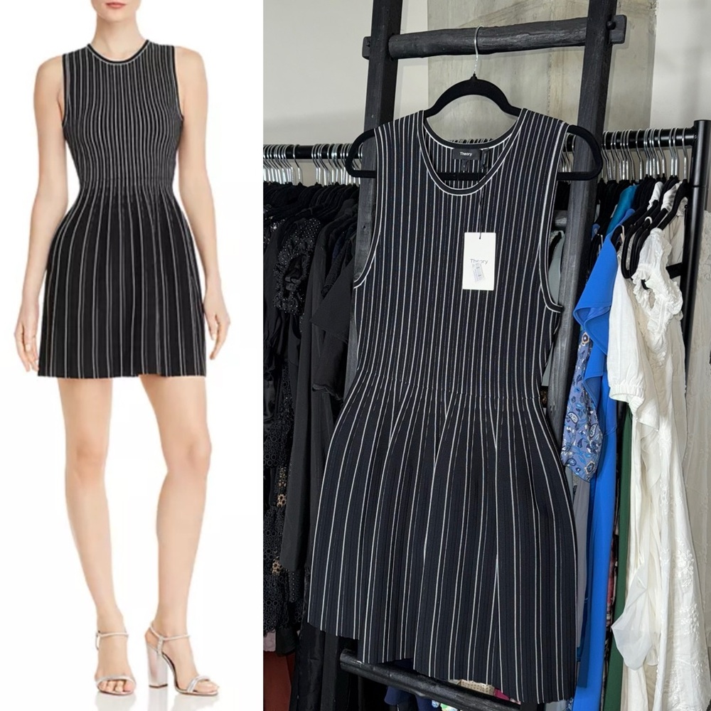 Theory Shell Striped Knit Fit & Flare Mini Dress Black White